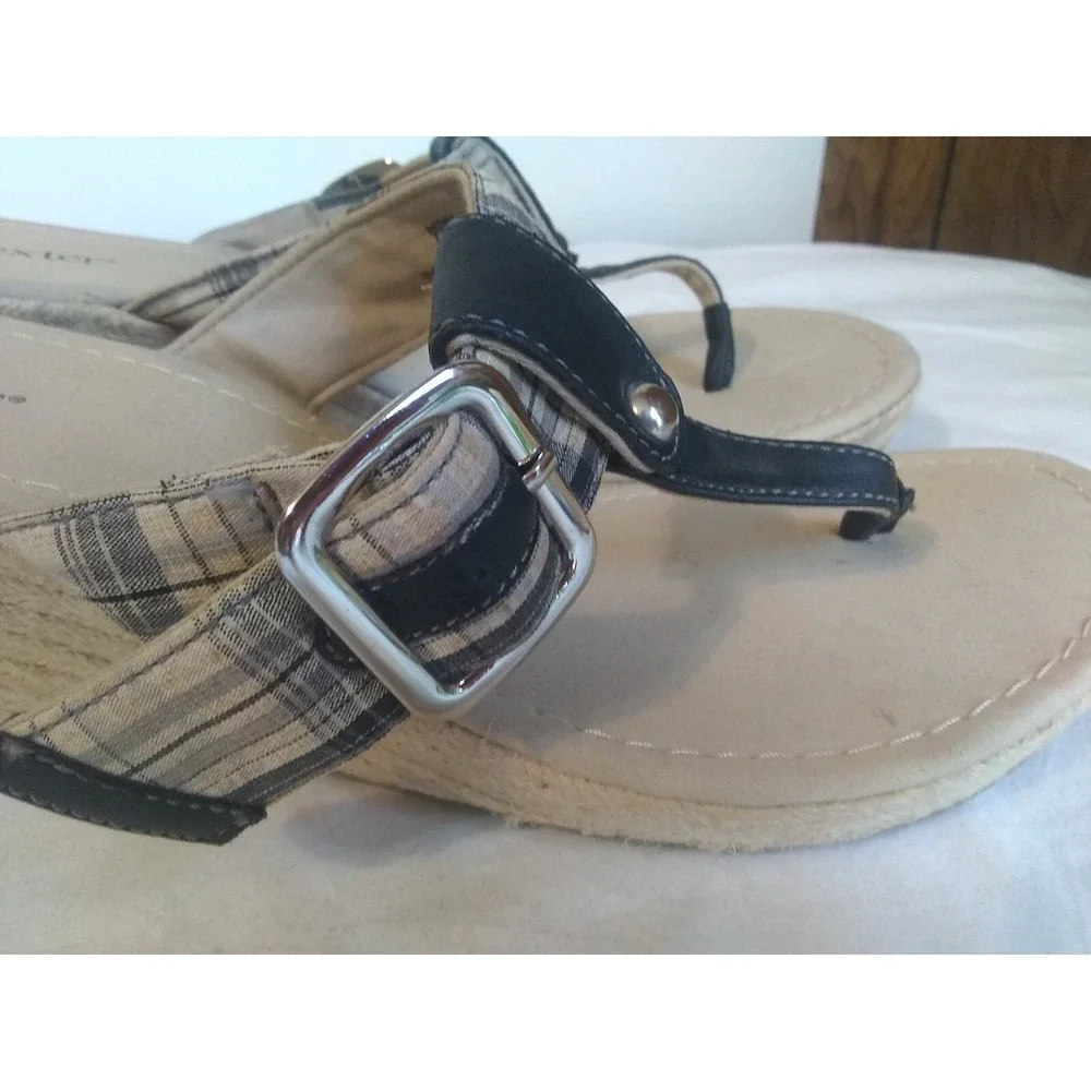 Women's Wedge Sandals Sz 11 Dexter Espadrille Black Tan Jute Hemp Heel READ‎